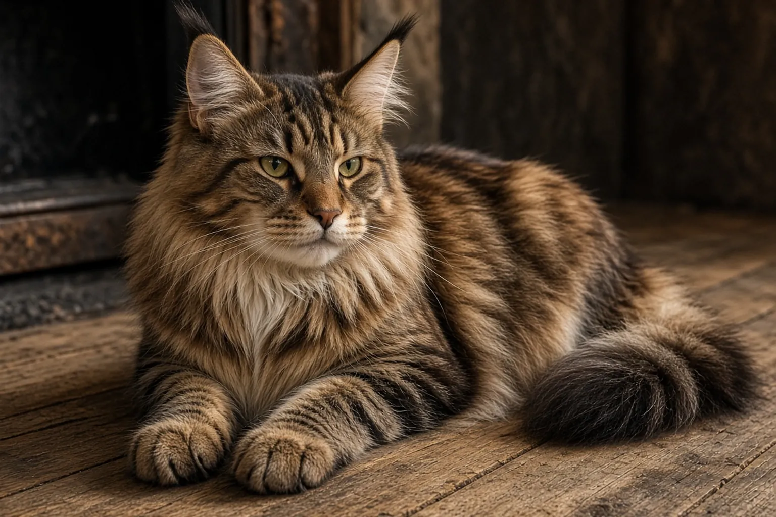 Μεγάλη καφέ ριγέ γάτα Maine Coon με φούντες στα αυτιά ξαπλωμένη σε ξύλινο πάτωμα