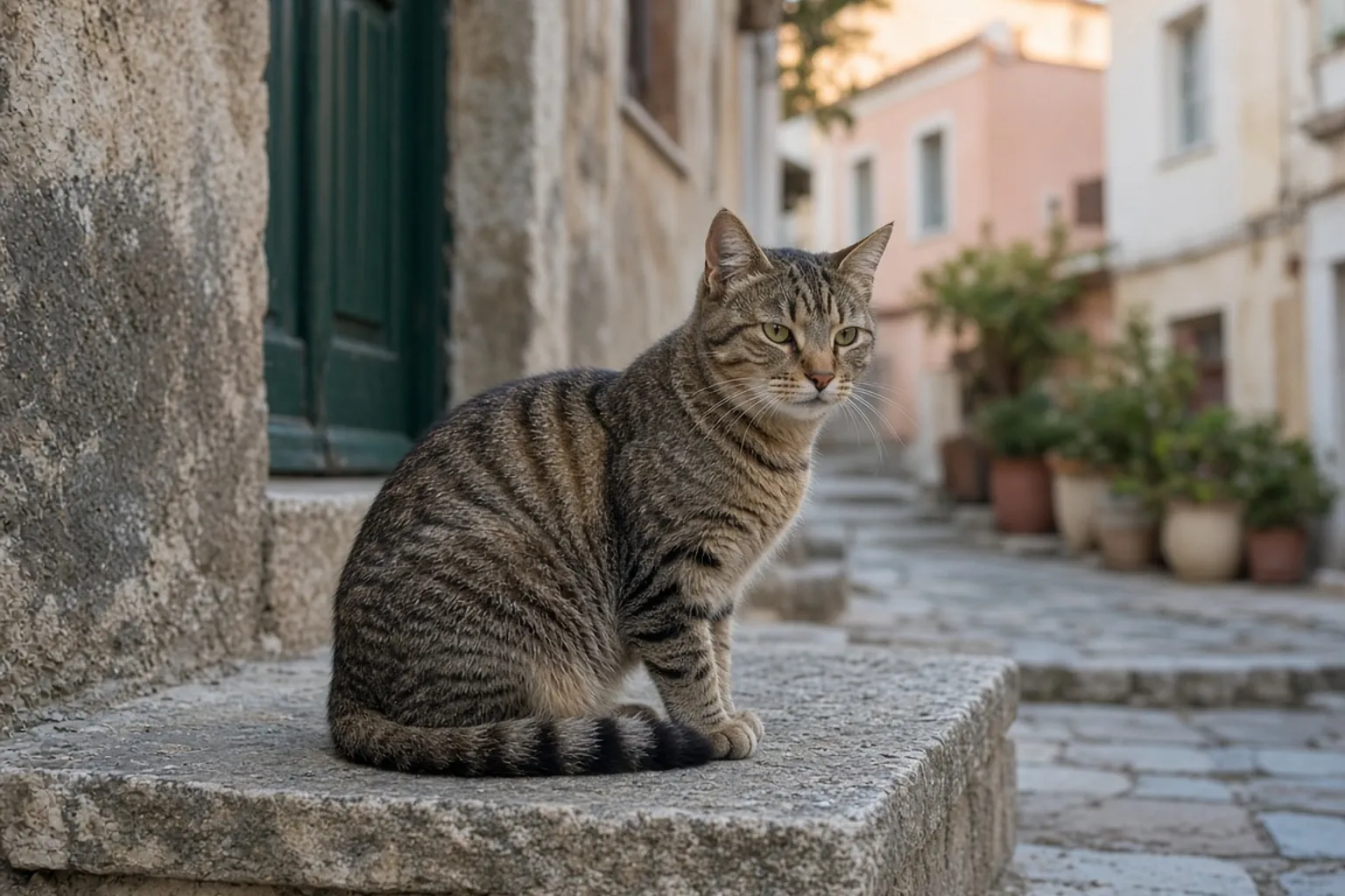Υγιής ριγέ γάτα της γειτονιάς κάθεται ήρεμη σε πέτρινο σκαλί σε ελληνικό δρομάκι