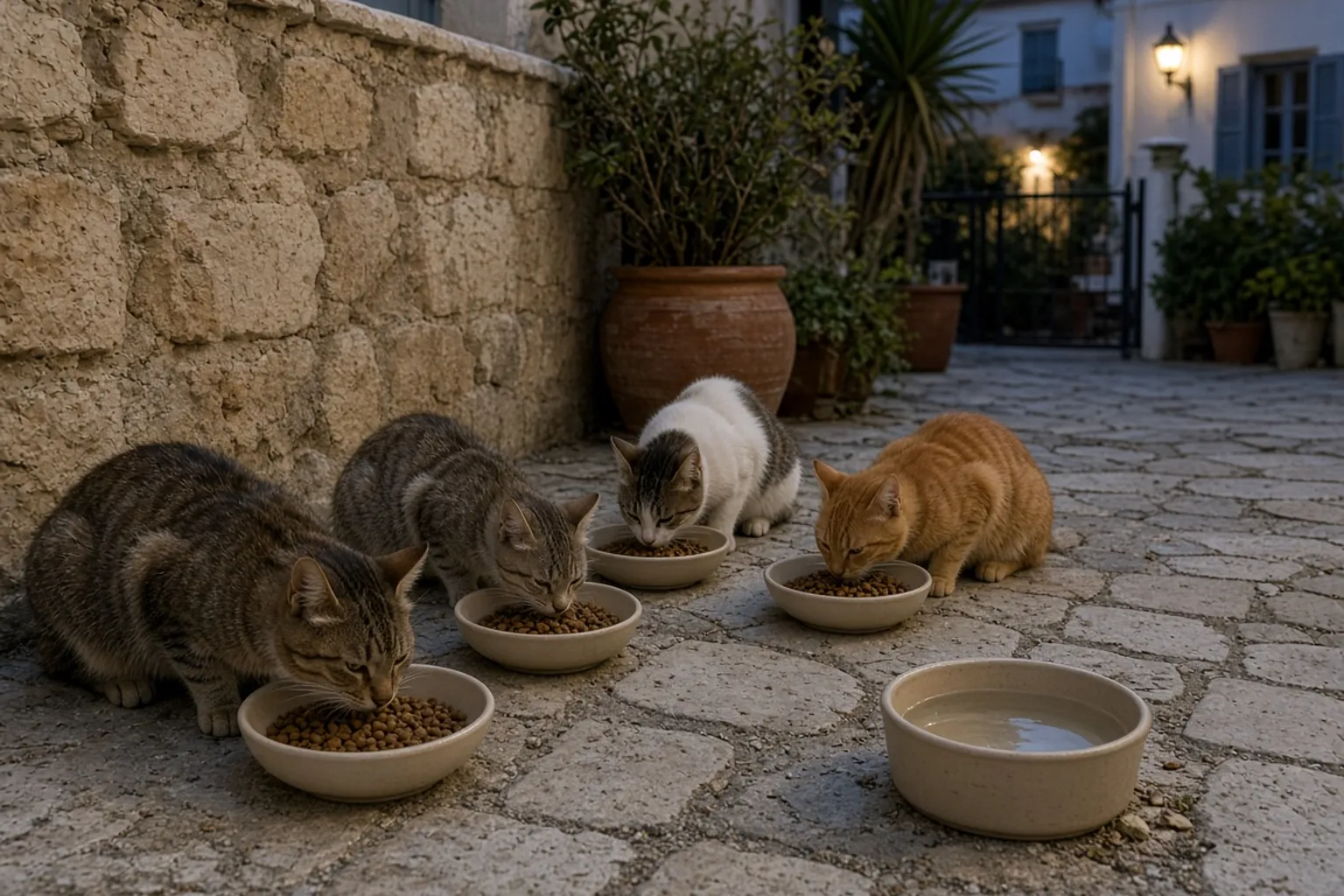 Τέσσερις γάτες της γειτονιάς τρώνε από καθαρά μπολ δίπλα σε πέτρινο τοίχο το σούρουπο